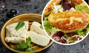 Kawałki sera halloumi na talerzu i w sałatce.