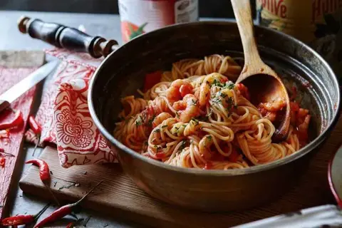 Pyszne spaghetti z krewetkami w sosie pomidorowym - prosty przepis